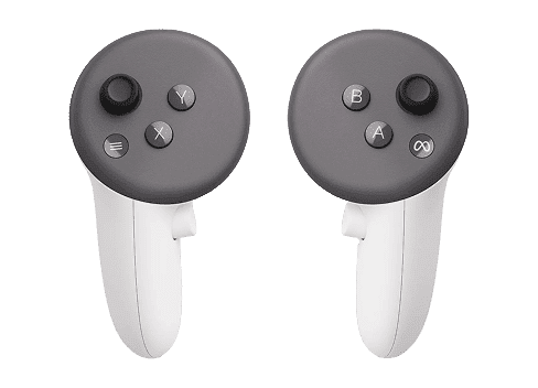 Two white virtual reality controllers with gray tops, each featuring a joystick and face buttons.