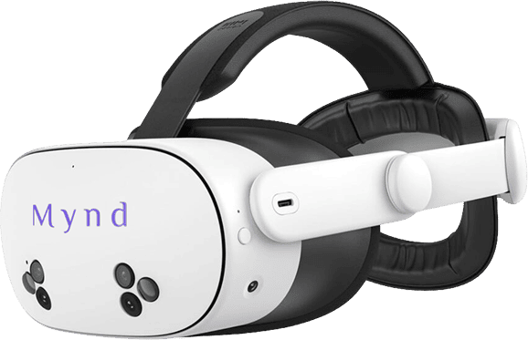 Mynd virtual reality headset, white and black with multiple front-facing cameras.