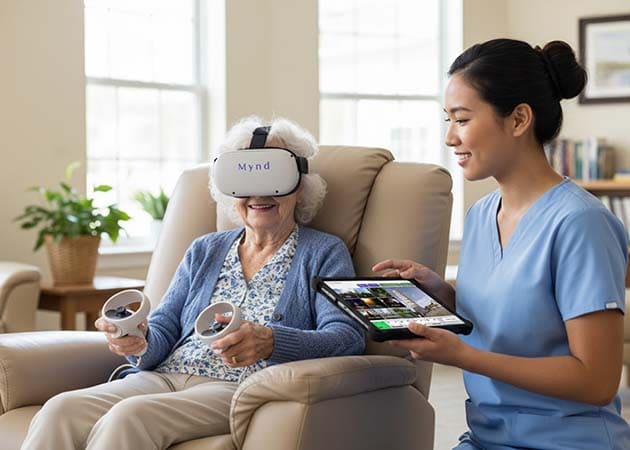 Elderly lady with VR set on and a nurse by the side